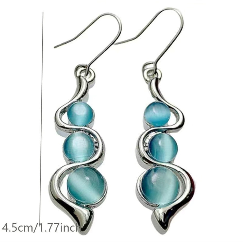 Silver & Blue Cats Eye Gemstone Dangle Drop Earrings NWT - Picture 5 of 5
